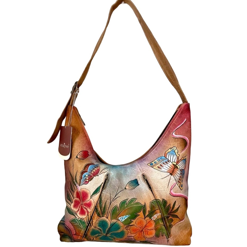 NWT Anuschka Hand-Painted Leather Shoulder Bag – Butterfly Floral Design